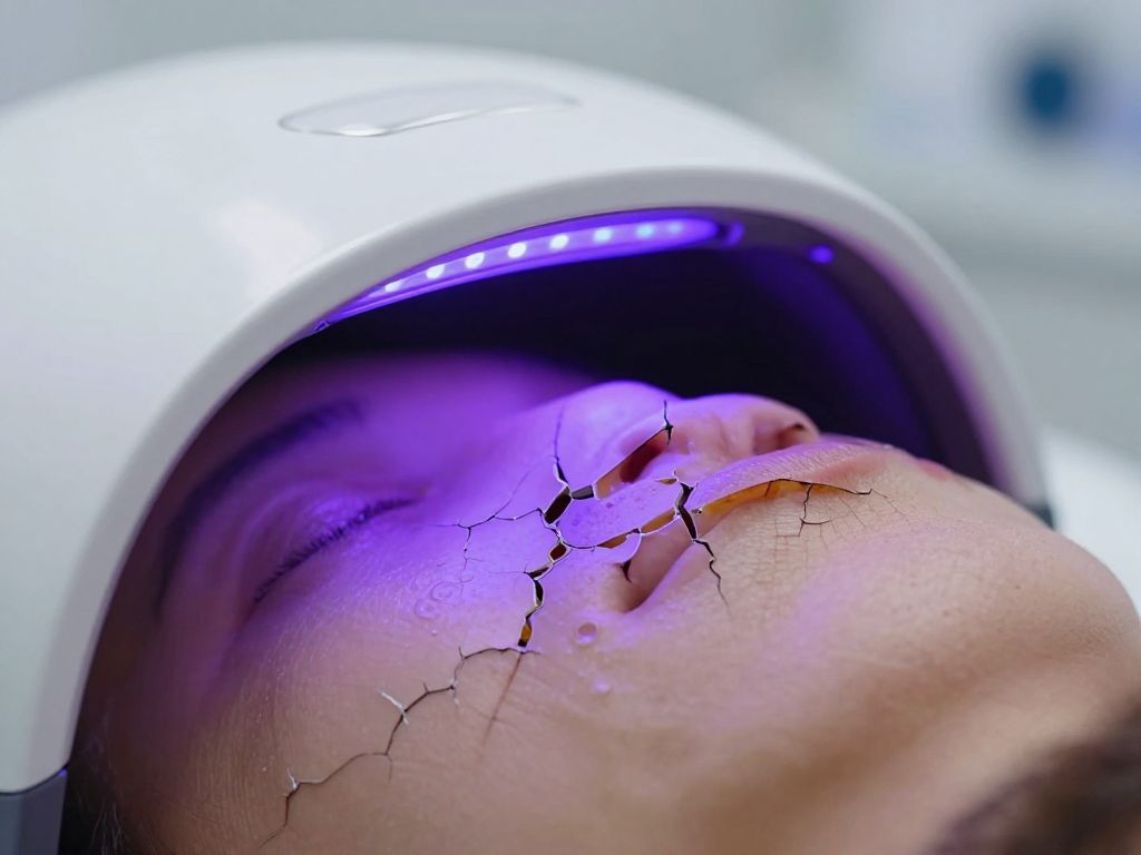 Shattered UV nail lamp emitting violet light across cracked pale skin-like surface with sunscreen containers nearby