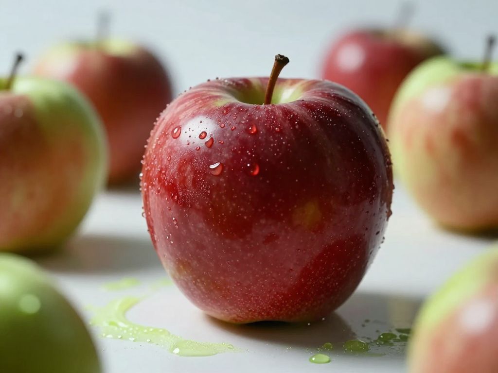 Glossy red apple on white lab surface with sickly green pesticide mist dissolving into microscopic droplets in cold light.