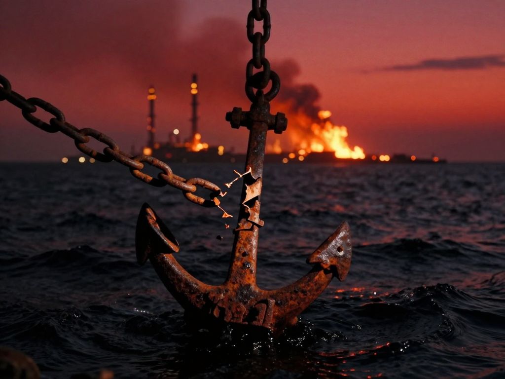 Corroded anchor chain snapping over dark oil-black churning water, distant refinery towers burning orange on twilight horizon
