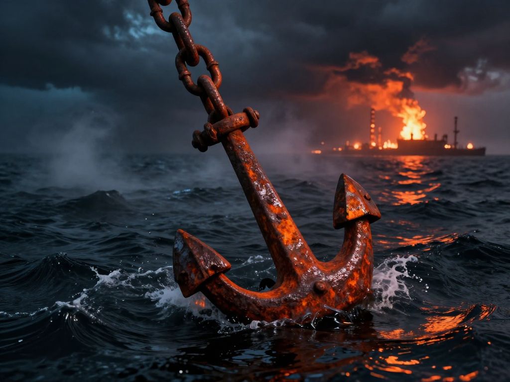 Rusted anchor chain descending into dark churning sea, distant orange refinery fires reflected on the water surface at dusk