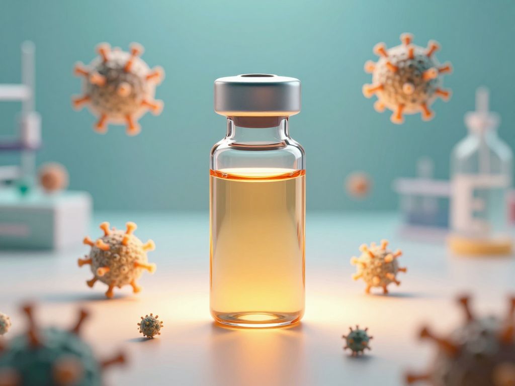 Glass medicine vial glowing amber on white surface, surrounded by tiny microscopic cellular structures in teal and gold light