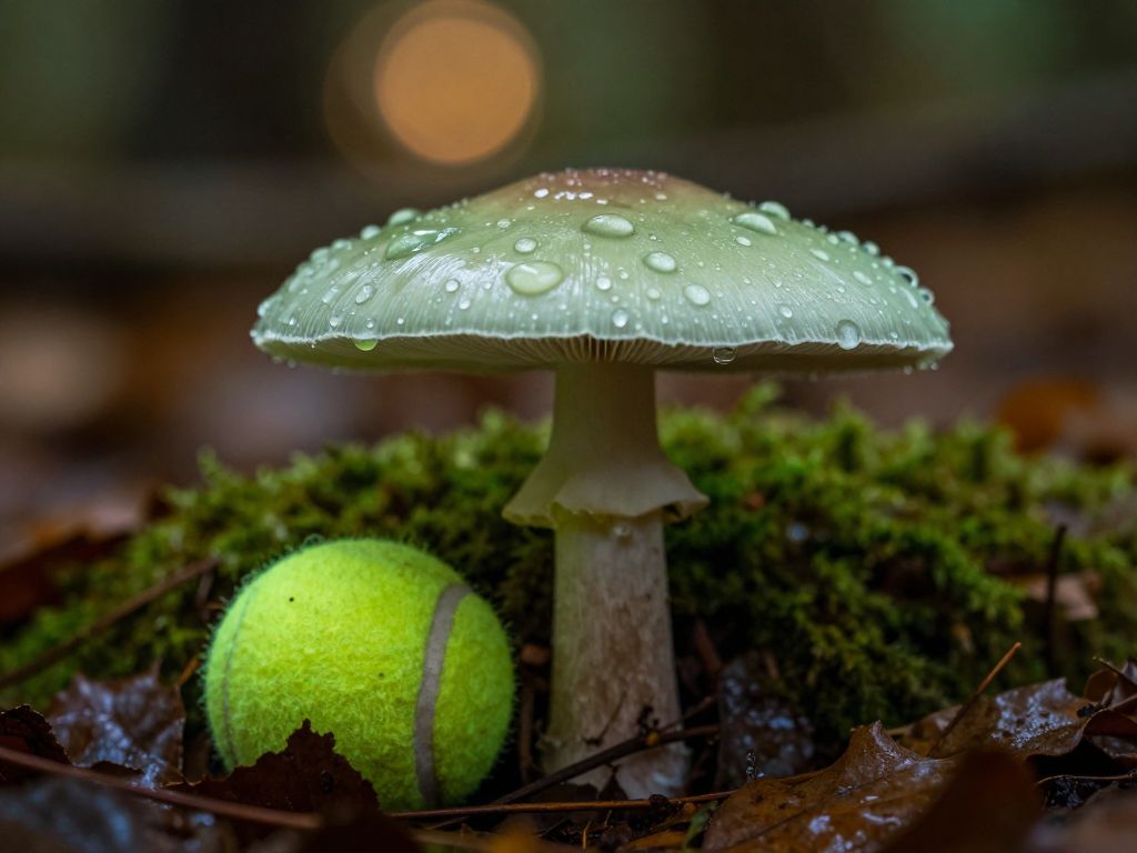 A pale green Death Cap mushroom on dark damp soil surrounded by fallen leaves and a worn tennis ball