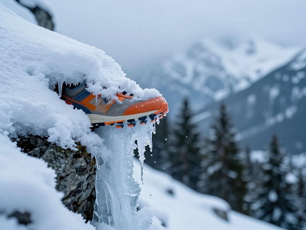 Colorful sneaker sole pressed into icy compacted snow at steep alpine edge, exposed rocks and pine valley far below.