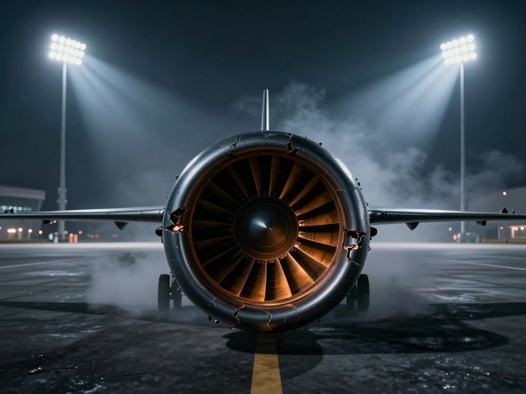 Blackened jet engine intake, damaged and open, on a dark airport runway under harsh floodlights with amber glow inside the cavity.