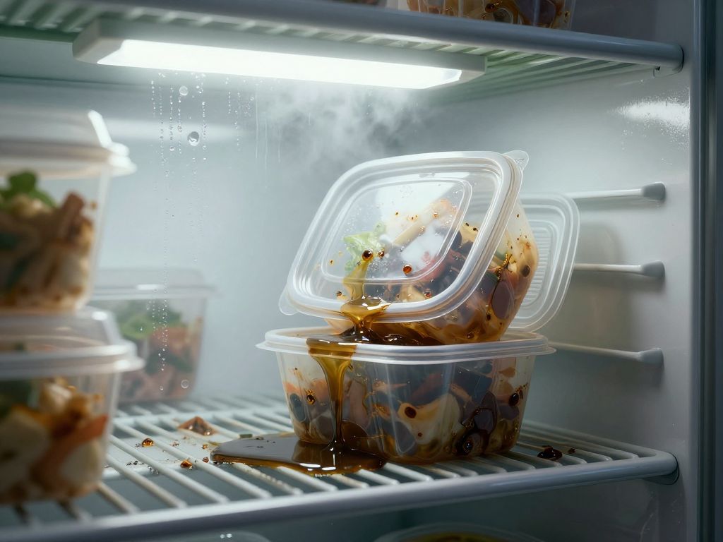 Open plastic food containers with discolored rice and oily liquid spilling onto a grimy tiled surface under harsh fluorescent light.