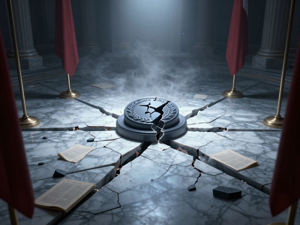 Shattered diplomatic seal on cracked marble floor with fractured flag poles and debris scattered in darkness