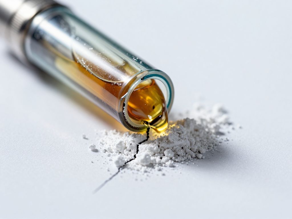 Shattered vape cartridge on white surface, amber liquid bleeding into pale crystalline powder spreading outward
