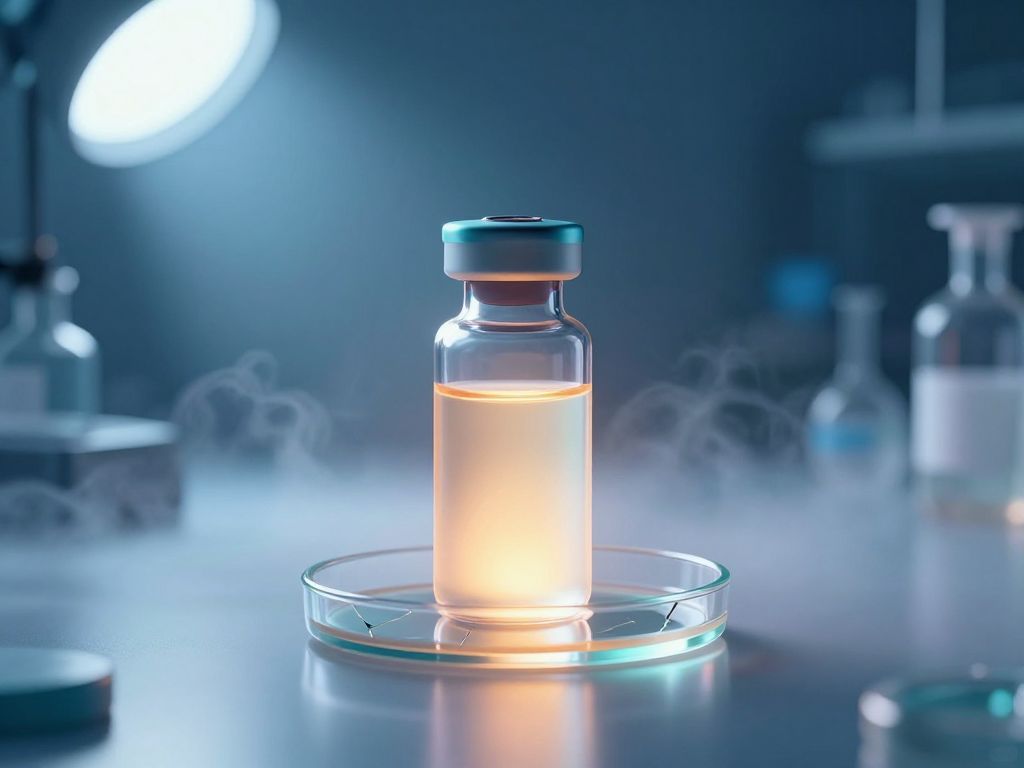 Glowing vaccine vial on reflective lab surface above a cracked petri dish, bathed in teal and amber clinical light