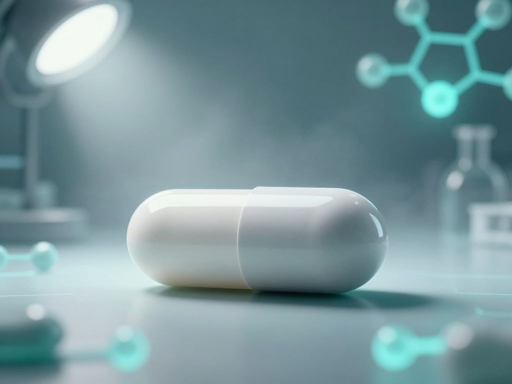 White pill capsule centered on a sterile surface with glowing teal molecular structures and soft volumetric fog in clinical light.