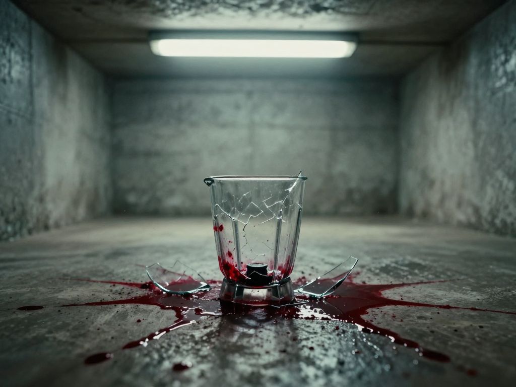 Shattered blender on cracked concrete floor, dark stains spreading outward under harsh fluorescent light in a damp basement room.