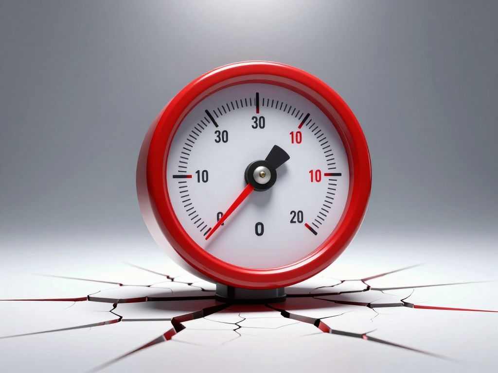 Analog pressure gauge needle pinned in the red zone, hairline cracks radiating across a glossy white clinical surface.