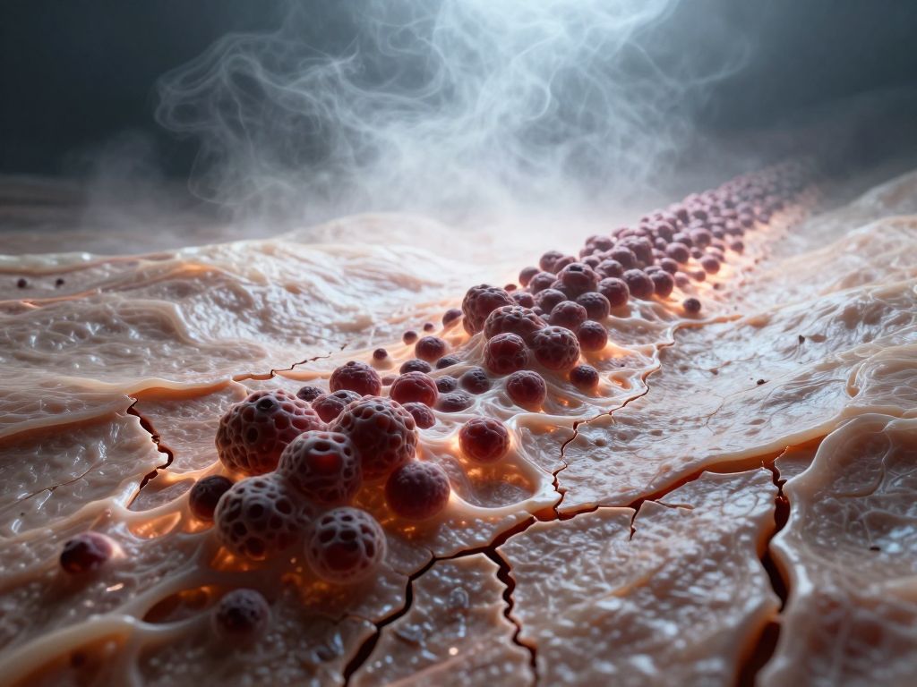 Rising curve carved into cracked biological tissue with dark cellular masses clustering along its steepest ascending segment