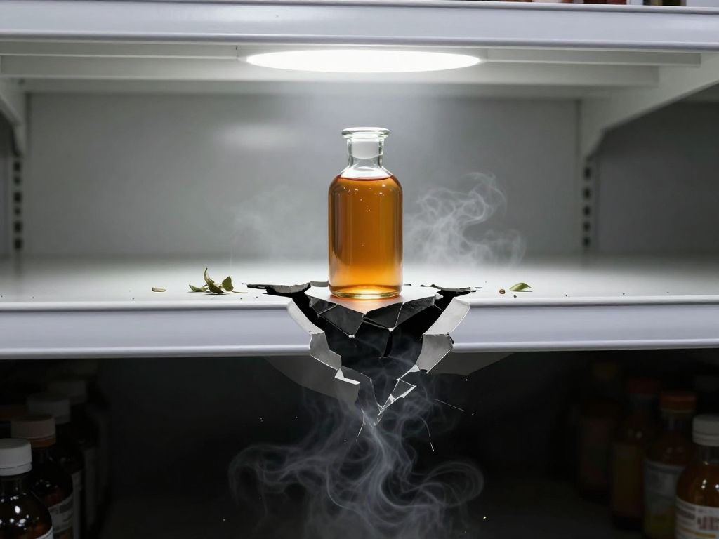 Amber glass bottle on a cracking white store shelf above a dark void, surrounded by scattered green botanical leaves.