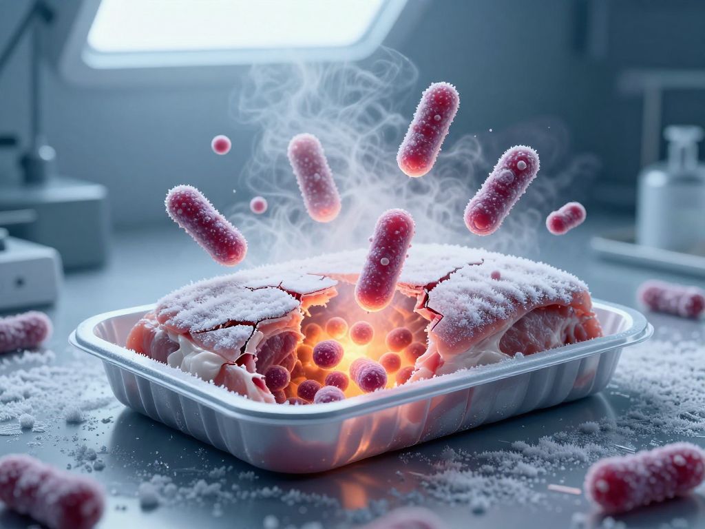 Frost-covered raw ground pork tray cracked open on sterile surface with glowing bacterial structures visible beneath.