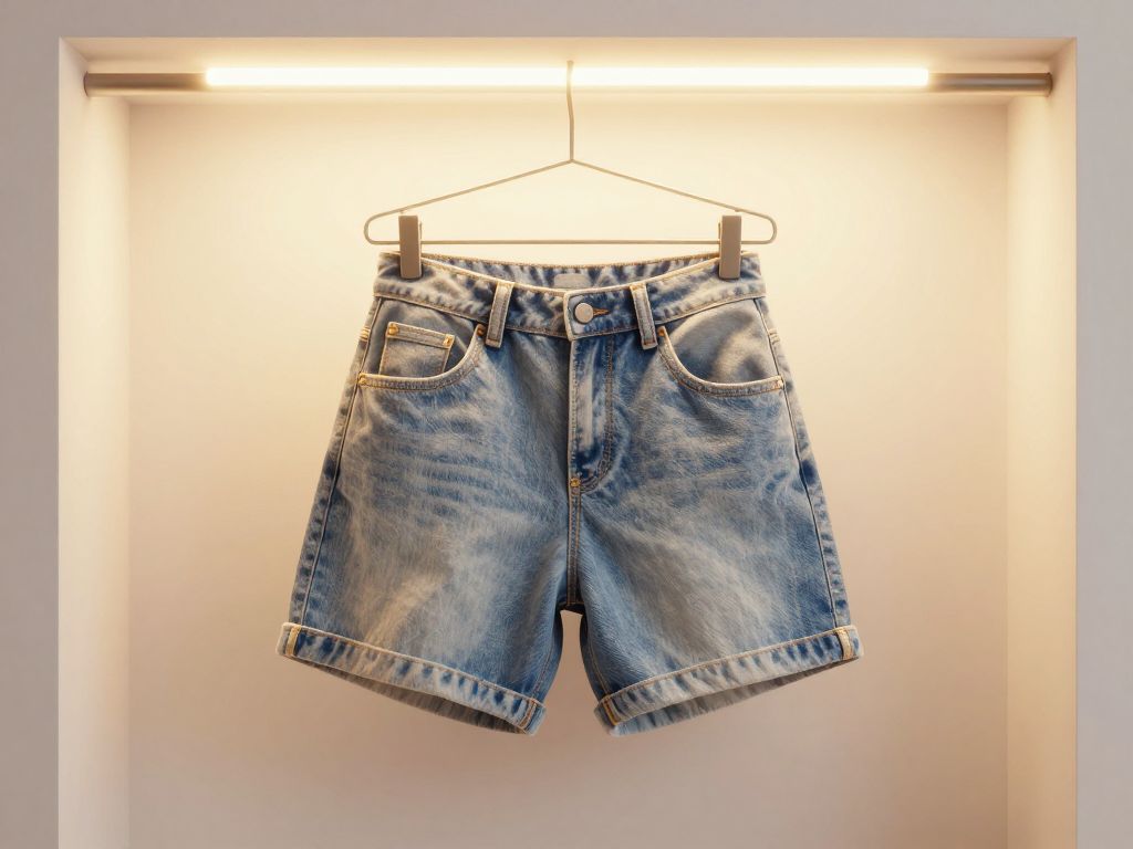 Denim shorts hanging on a fitting room hook under warm golden light, empty white changing room walls behind them