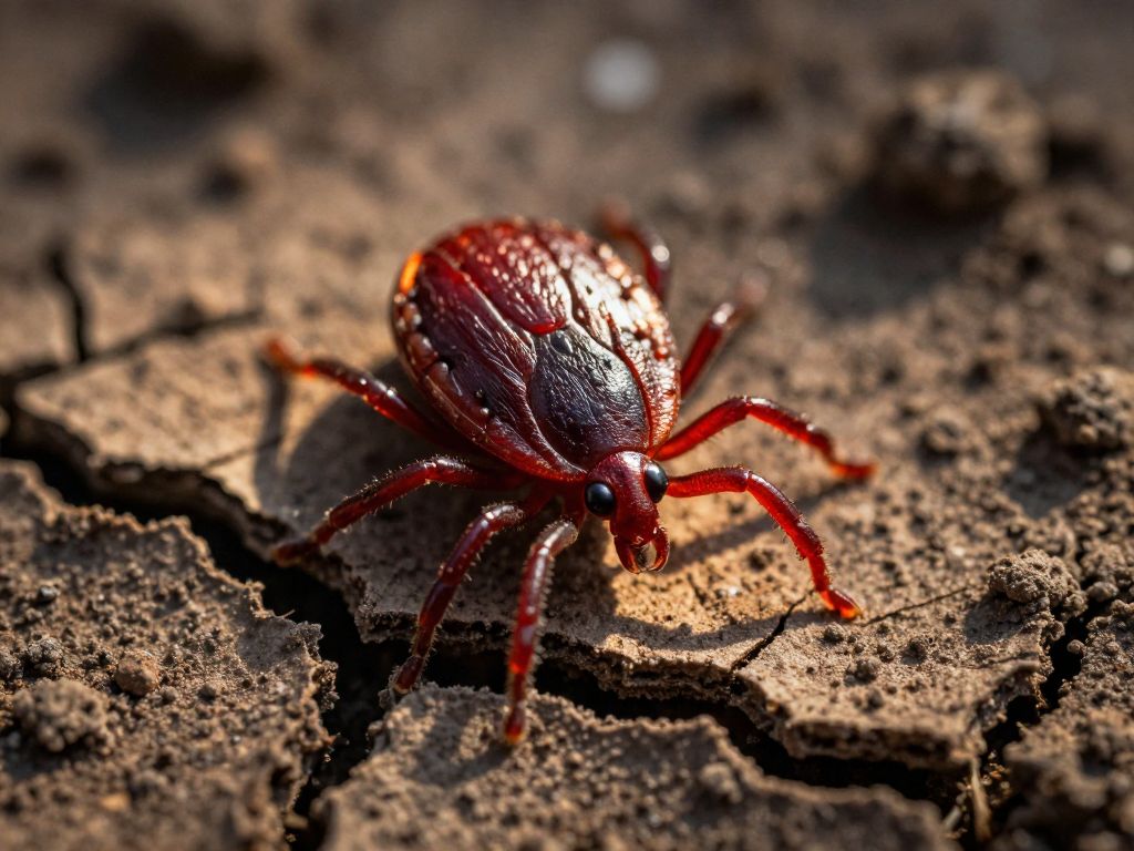 Extreme close-up of a large Hyalomma tick with striped legs crawling across deeply cracked dry clay earth surface.