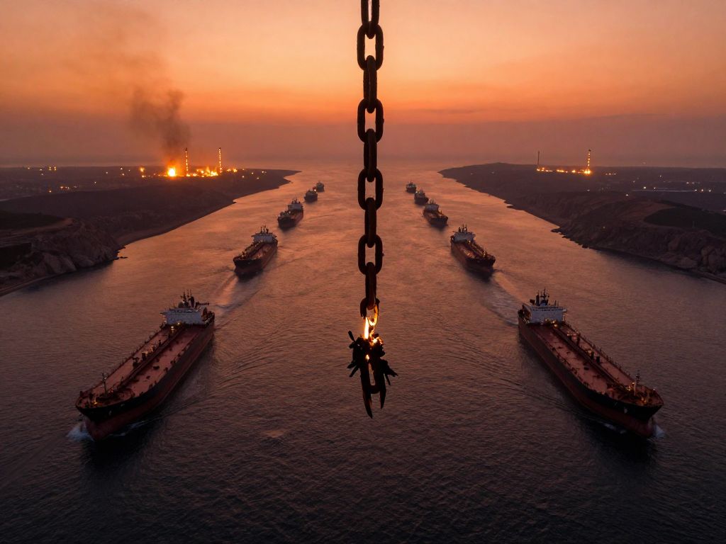 Severed rusty iron chain over dark churning strait, frozen oil tankers on horizon, orange smoke-filled sky, arid rocky shores
