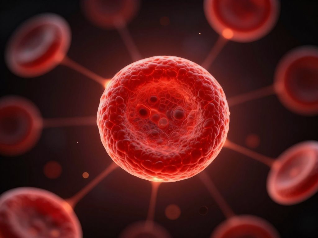 Glowing red blood cell surrounded by luminous stem cells floating in dark microscopic void, warm light radiating outward