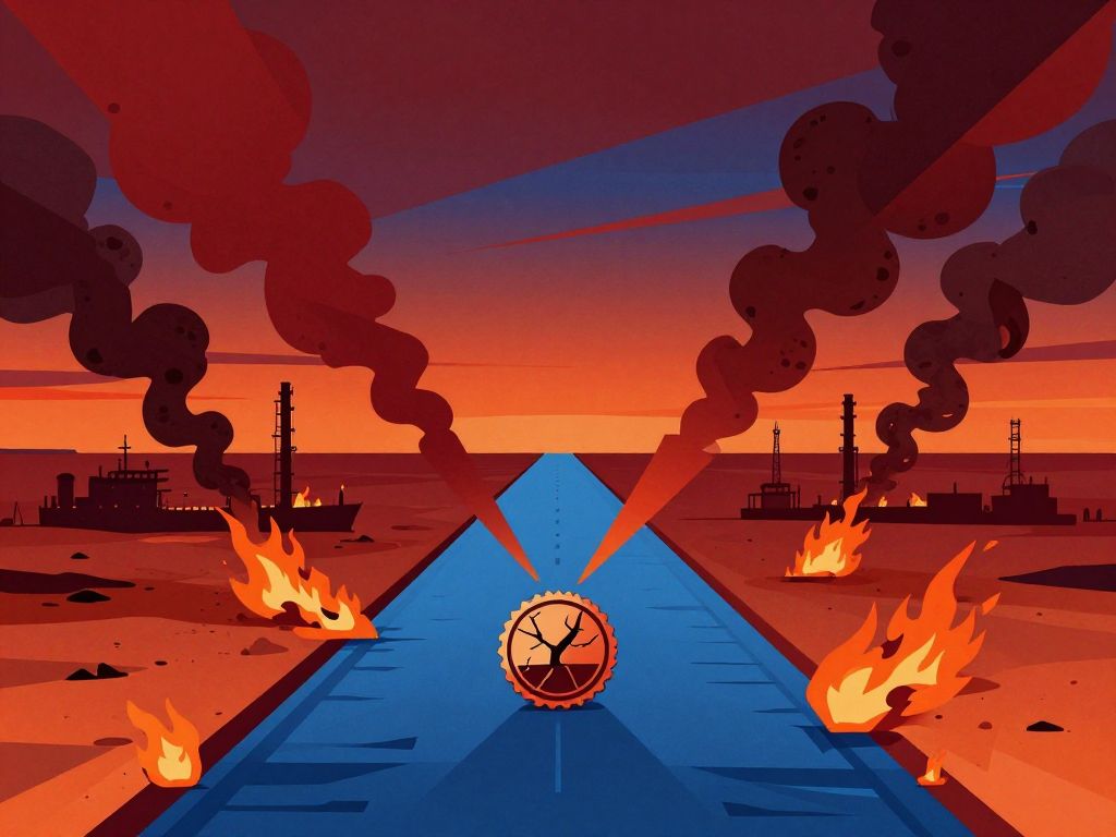 Missile smoke trails cross a blood-red sky above a dark narrow strait with oil refinery fires burning on both distant shores