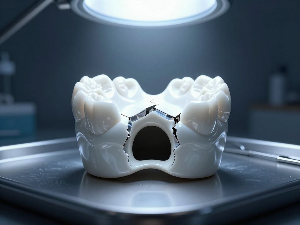 Cracked white porcelain dental crown on a steel surgical tray, split open revealing a dark hollow interior, cold instruments at edges.
