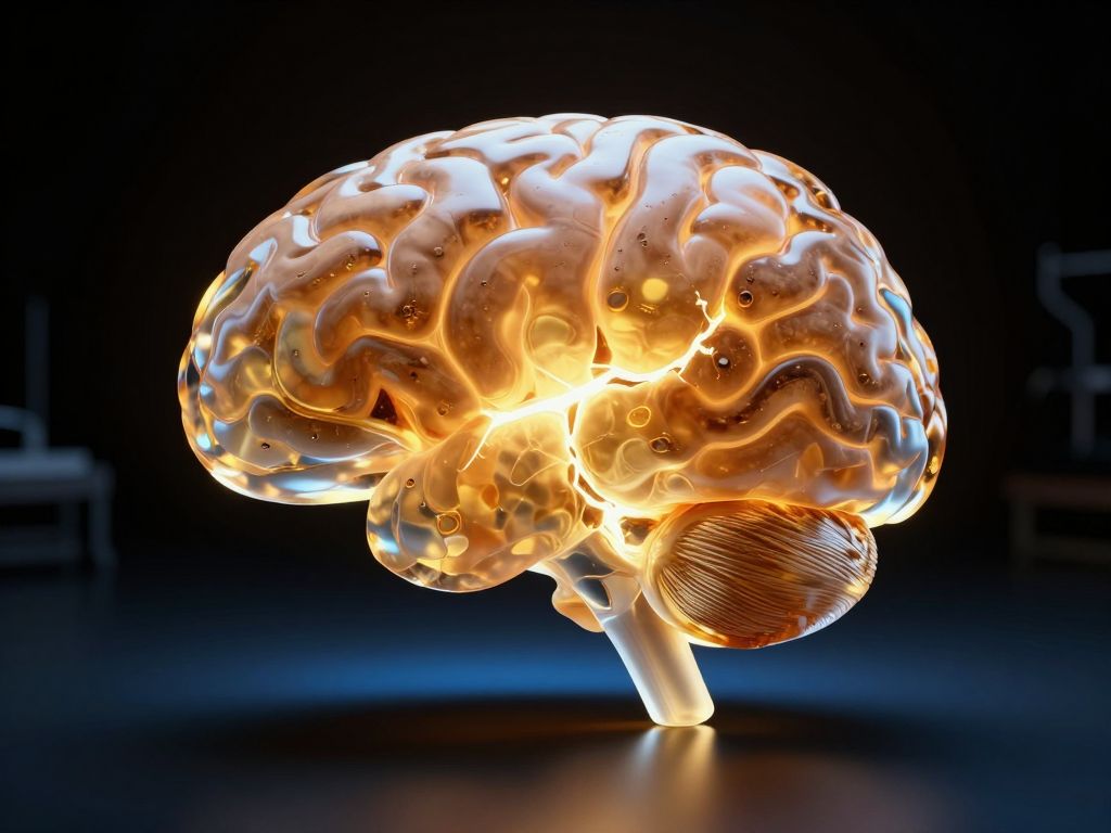 Translucent amber resin brain cross-section with a glowing blue crack through the frontal lobe on a dark surface.