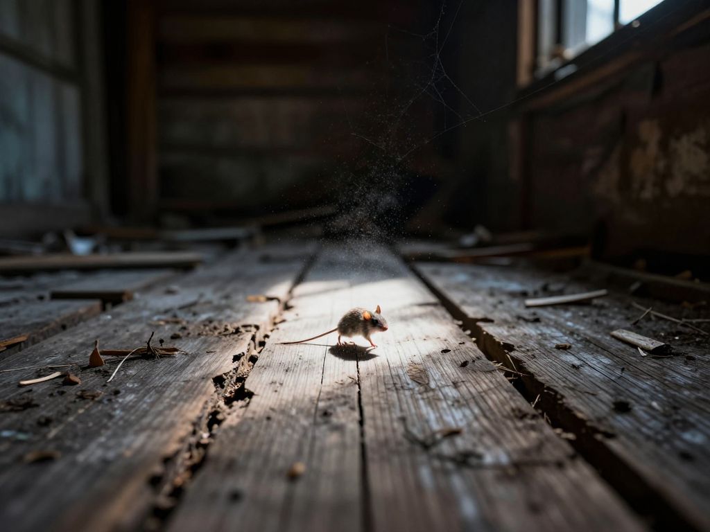 Cracked weathered wooden floorboards in a dark abandoned cabin with dust particles suspended in a single narrow beam of pale light