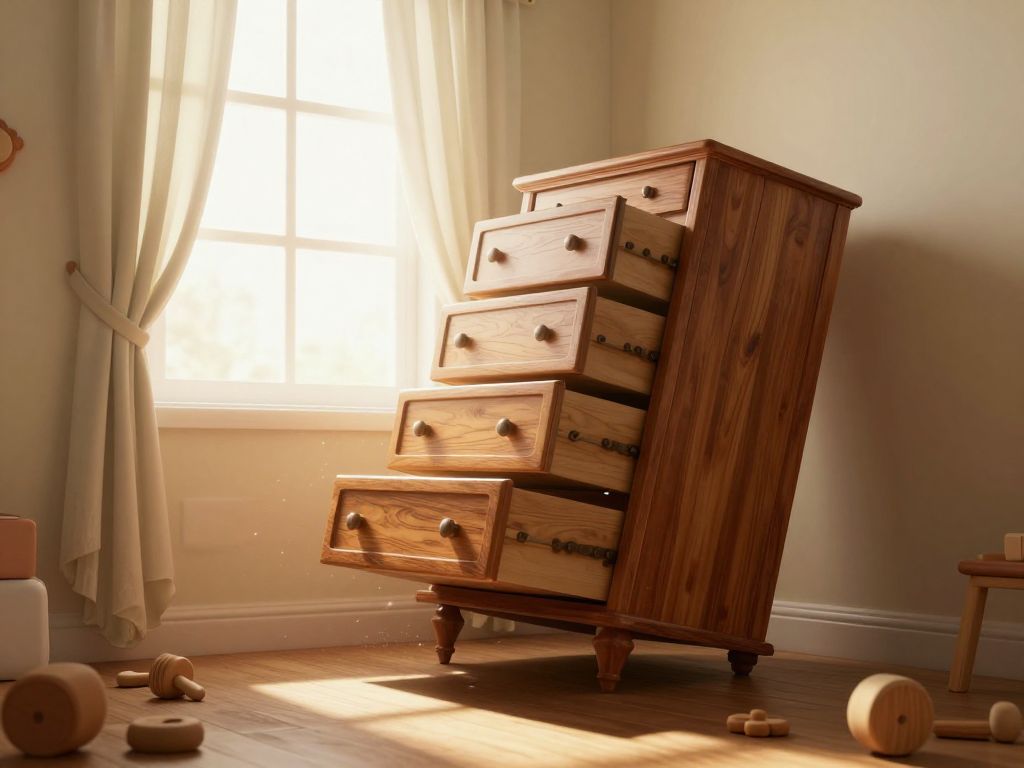 Antique wooden dresser tilting forward with open drawers in an empty child's bedroom, wooden toys scattered on the floor.