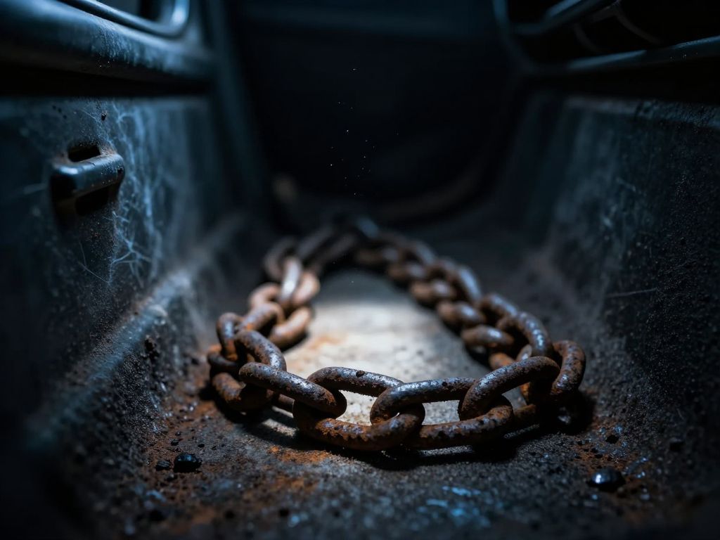 Rusted steel chains coiled inside a dark car trunk, lit by a single thin beam of cold light through a gap in the lid