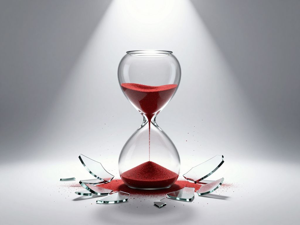 Shattered hourglass on white surface with red sand frozen mid-spill and branching crack patterns spreading across broken glass