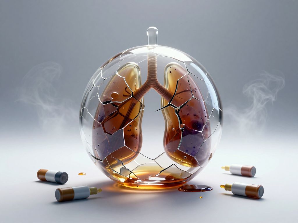 Cracked glass lung-shaped sphere leaking amber liquid on white clinical surface, surrounded by scattered vape cartridges