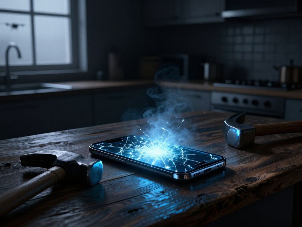 Cracked glowing smartphone on dark kitchen table beside a hammer, drone visible through window in night sky