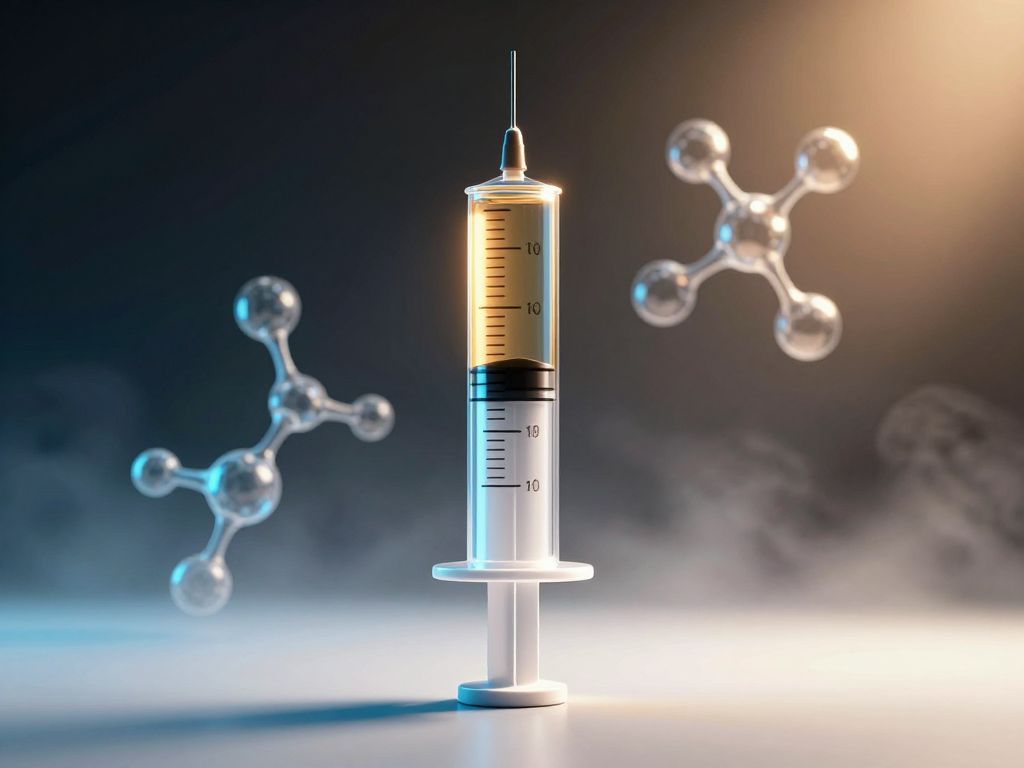 Glass syringe suspended in white clinical space, surrounded by glowing molecular wire structures dissolving into soft blue light.
