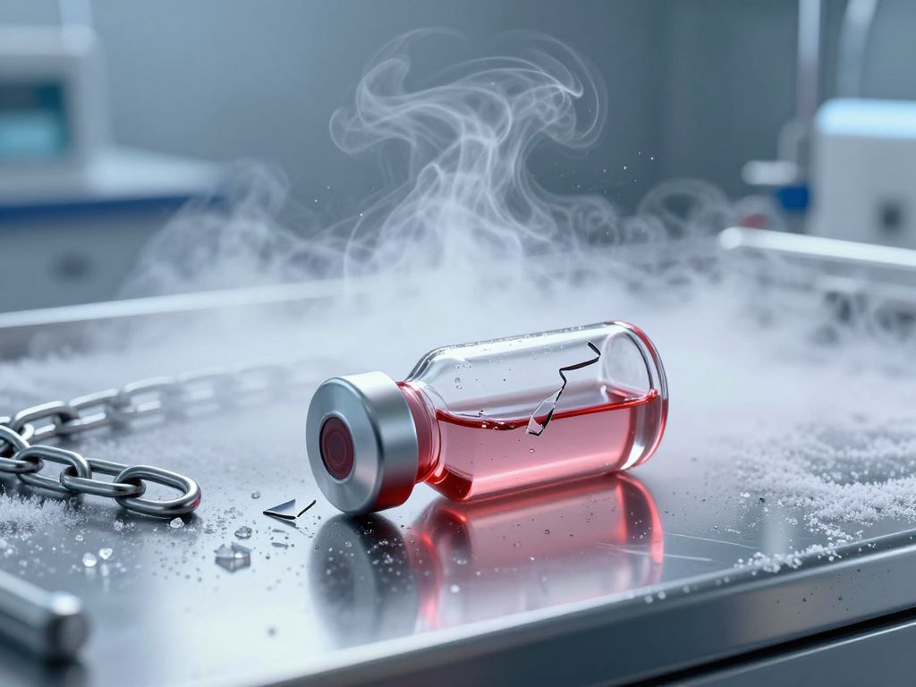 Overturned glass IV vial with broken seal on frost-covered steel surface, severed chain coiled nearby, scattered ice crystals