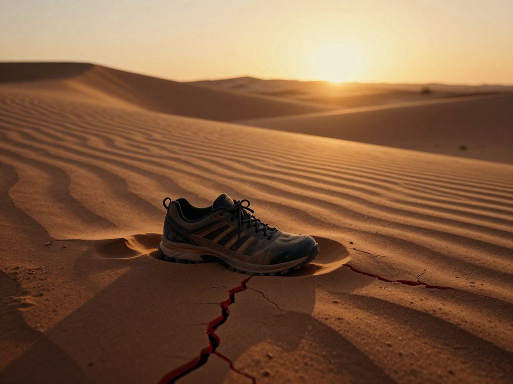 Worn trail running shoe half-buried in Saharan sand with cracked vein-like patterns and vast amber horizon