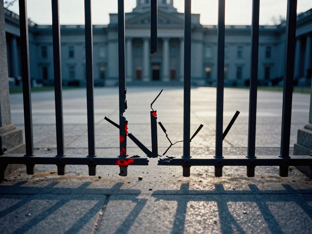 Bullet-pierced wrought-iron security gate before a neoclassical government building at dawn, metal fragments on stone plaza