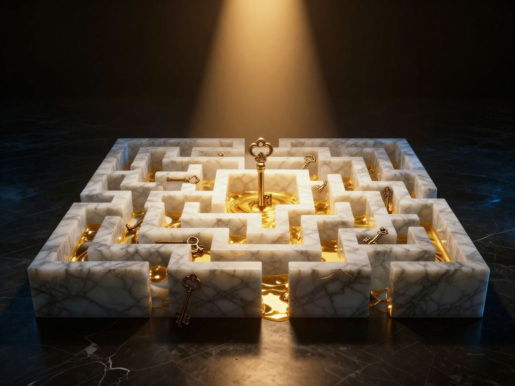 Marble maze flooded with golden liquid, iron keys trapped at dead ends, obsidian reflective floor, amber god-ray light from above