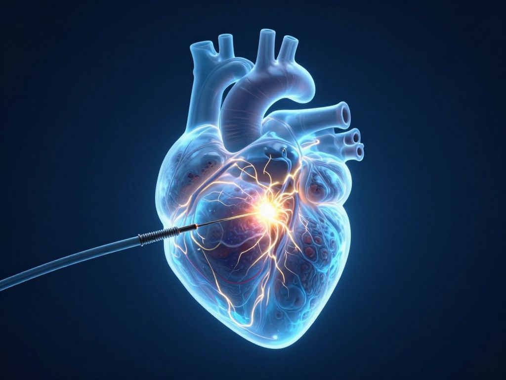 Glowing translucent heart suspended in deep blue darkness with a thin catheter delivering golden electric arcs to one focal point.