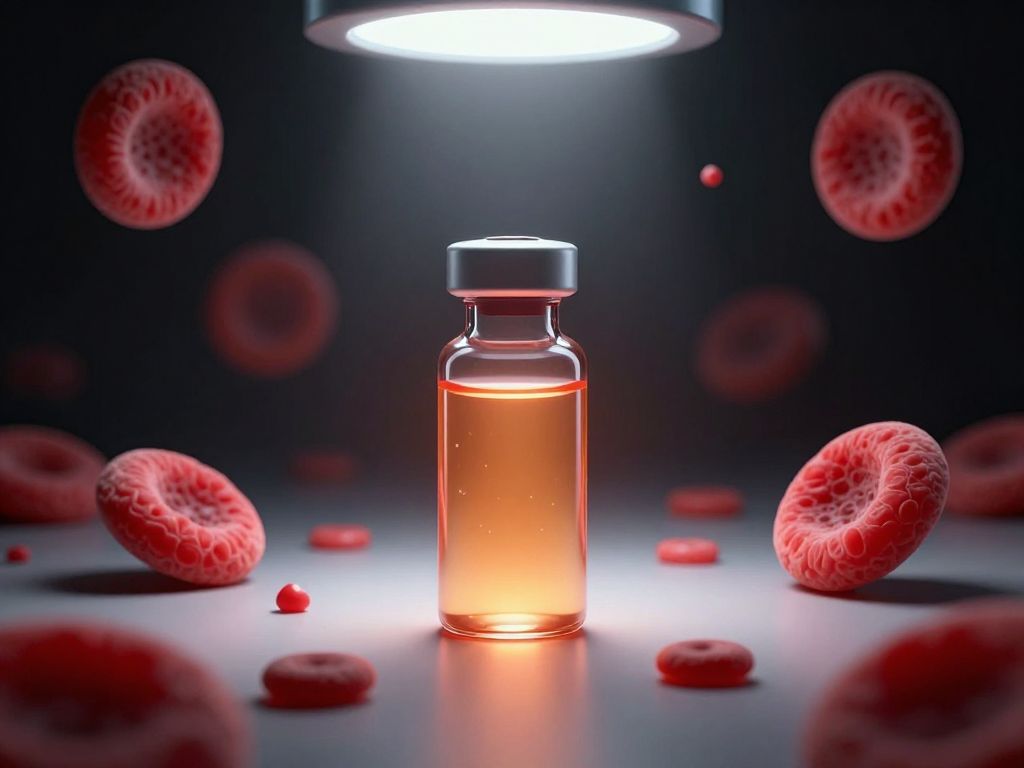 Glowing amber blood vial on dark clinical surface surrounded by dissolving red cellular ring structures in deep shadow