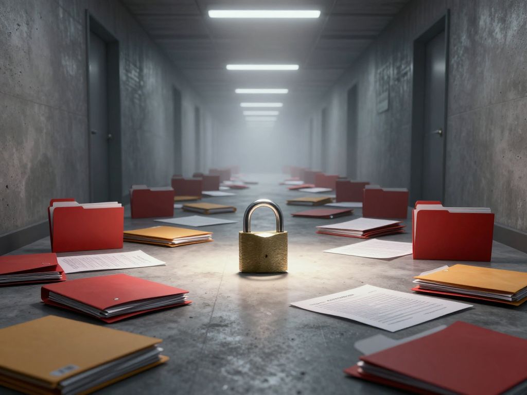 Broken padlock lying among hundreds of scattered manila folders on a cold grey institutional floor stretching into darkness
