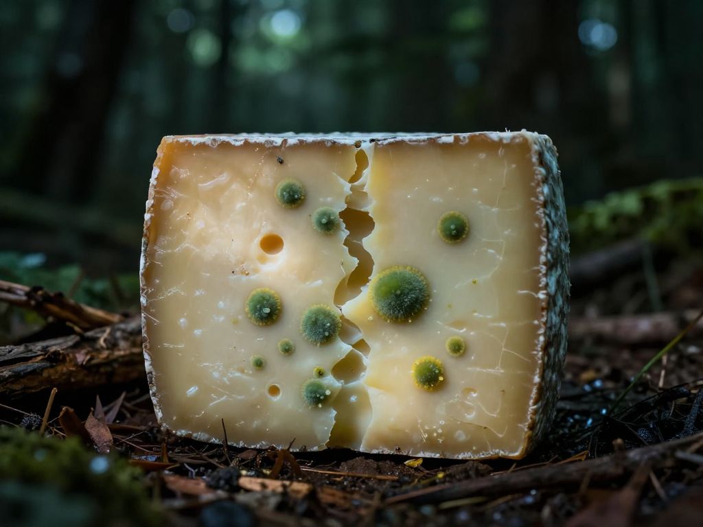 Split cheese wheel with mold growth on damp forest floor beside decaying wood, surrounded by fallen leaves and fungus.