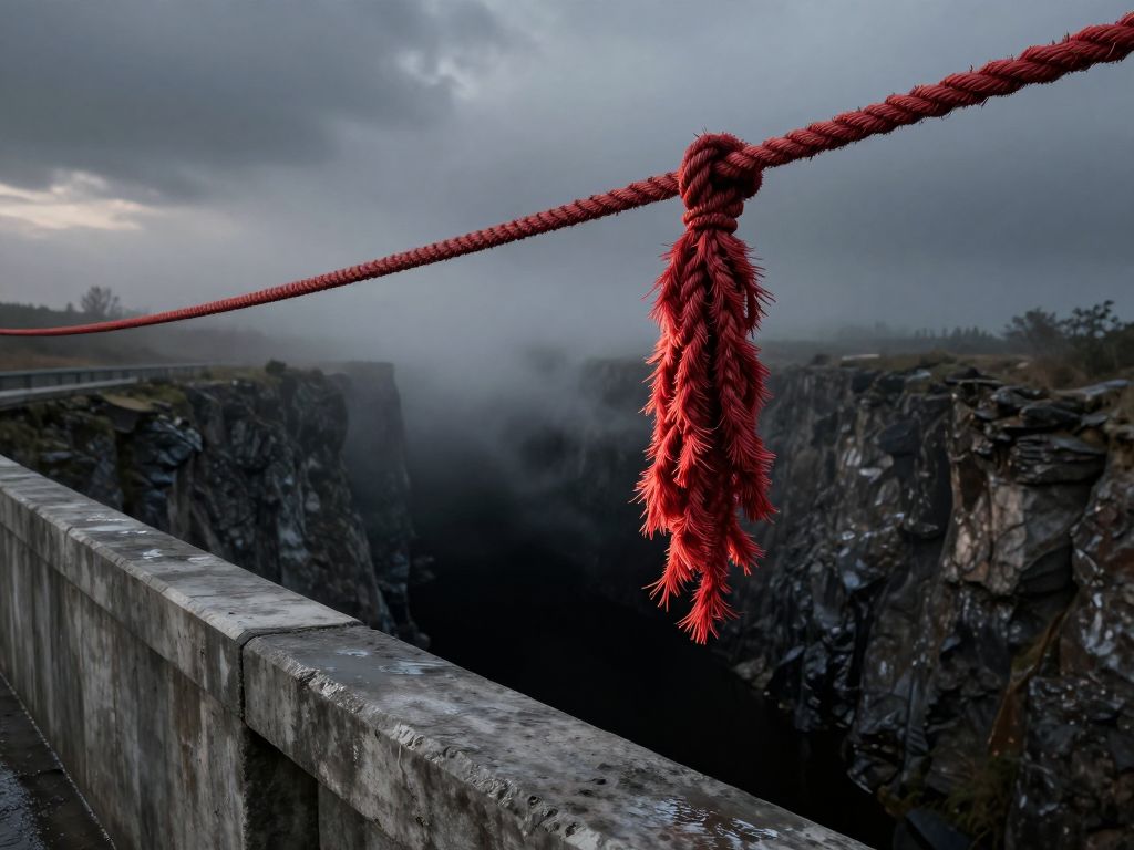 Frayed rope dangling over weathered concrete bridge railing above dark river gorge at dusk, no anchor point visible
