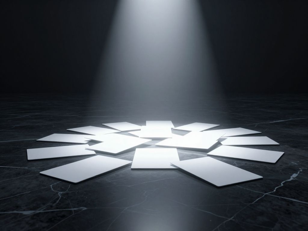 Blank white rectangular cards scattered across dark reflective marble floor under a single shaft of cold white light