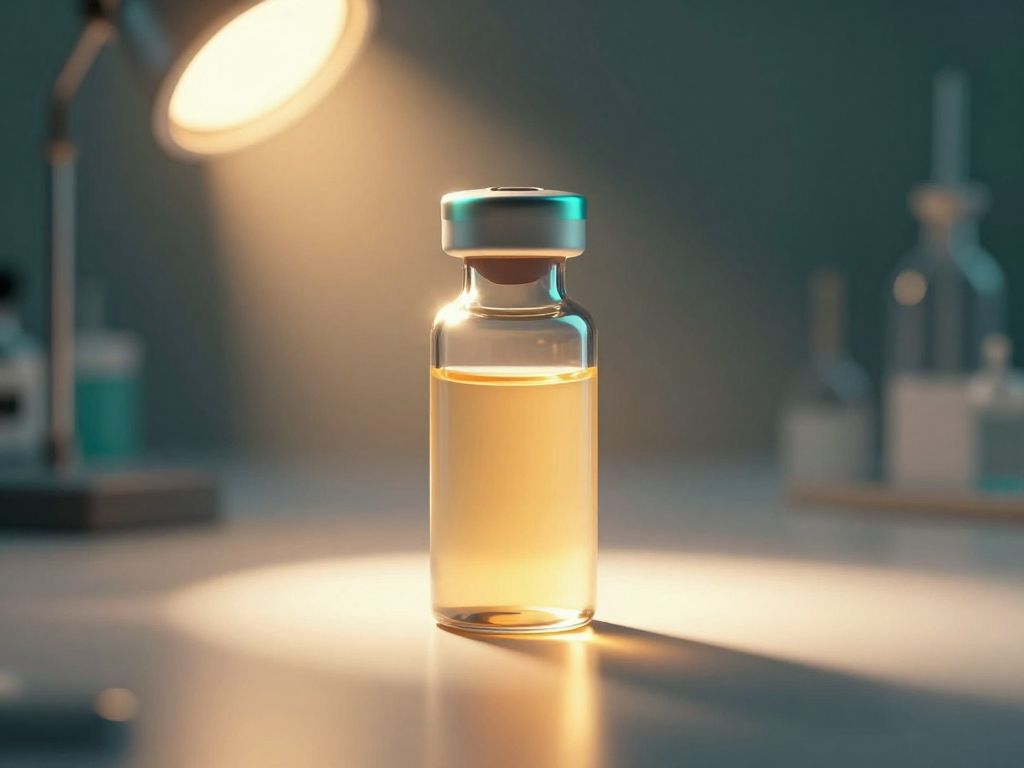 A single glowing glass vaccine vial on a dark surface, warm amber light radiating outward into surrounding darkness with teal rim glow.