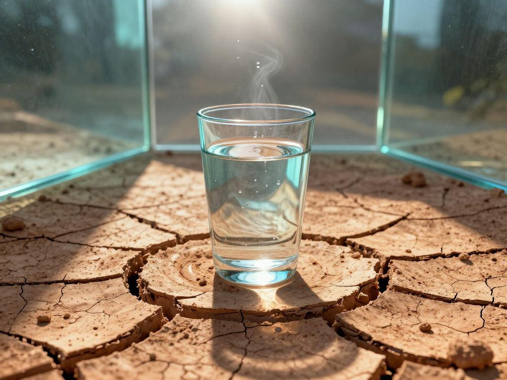 Clear glass of water on severely cracked dry clay earth, droplets evaporating above the rim in harsh overhead light.