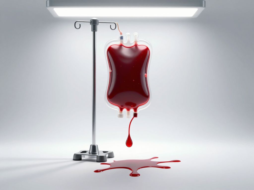 Empty deflated blood bag on chrome IV stand, crimson stain spreading on white clinical floor, no people.