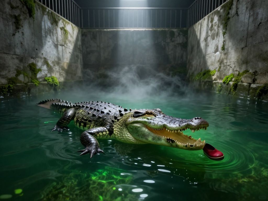 Massive crocodile emerging from dark green water in concrete zoo pit, small shoe floating on surface, high railing casting shadows above.