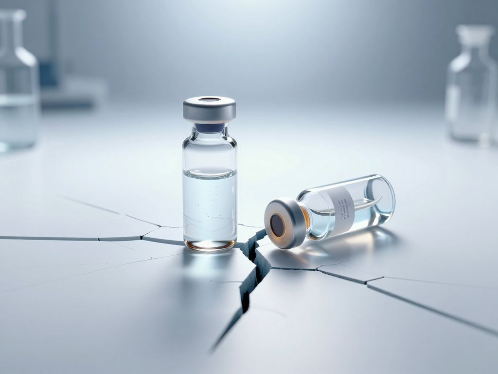 Two glass vials on a cracked sterile lab surface, one tipped over and empty, a fracture line splitting the surface between them.
