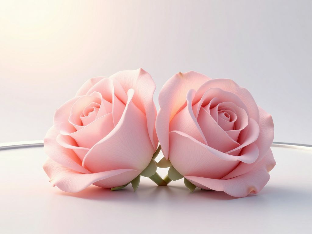 Two pink rosebuds fused at their stems growing from a single green stalk on a white clinical surface
