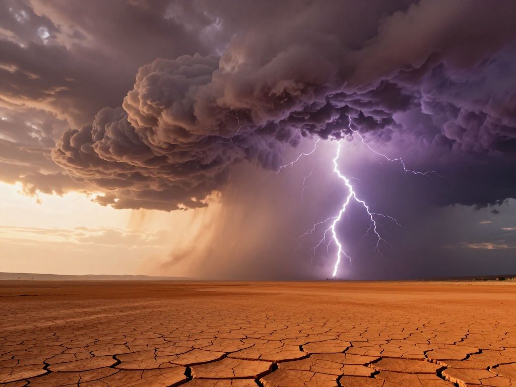 Massive storm cloud rising above cracked dry earth under an orange and violet sky with lightning bolts on the horizon