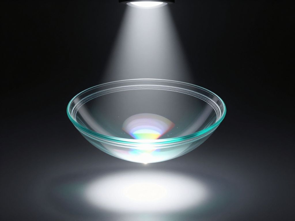 Transparent optical lens suspended in a white light beam, refracting into a color spectrum against a dark clinical background.